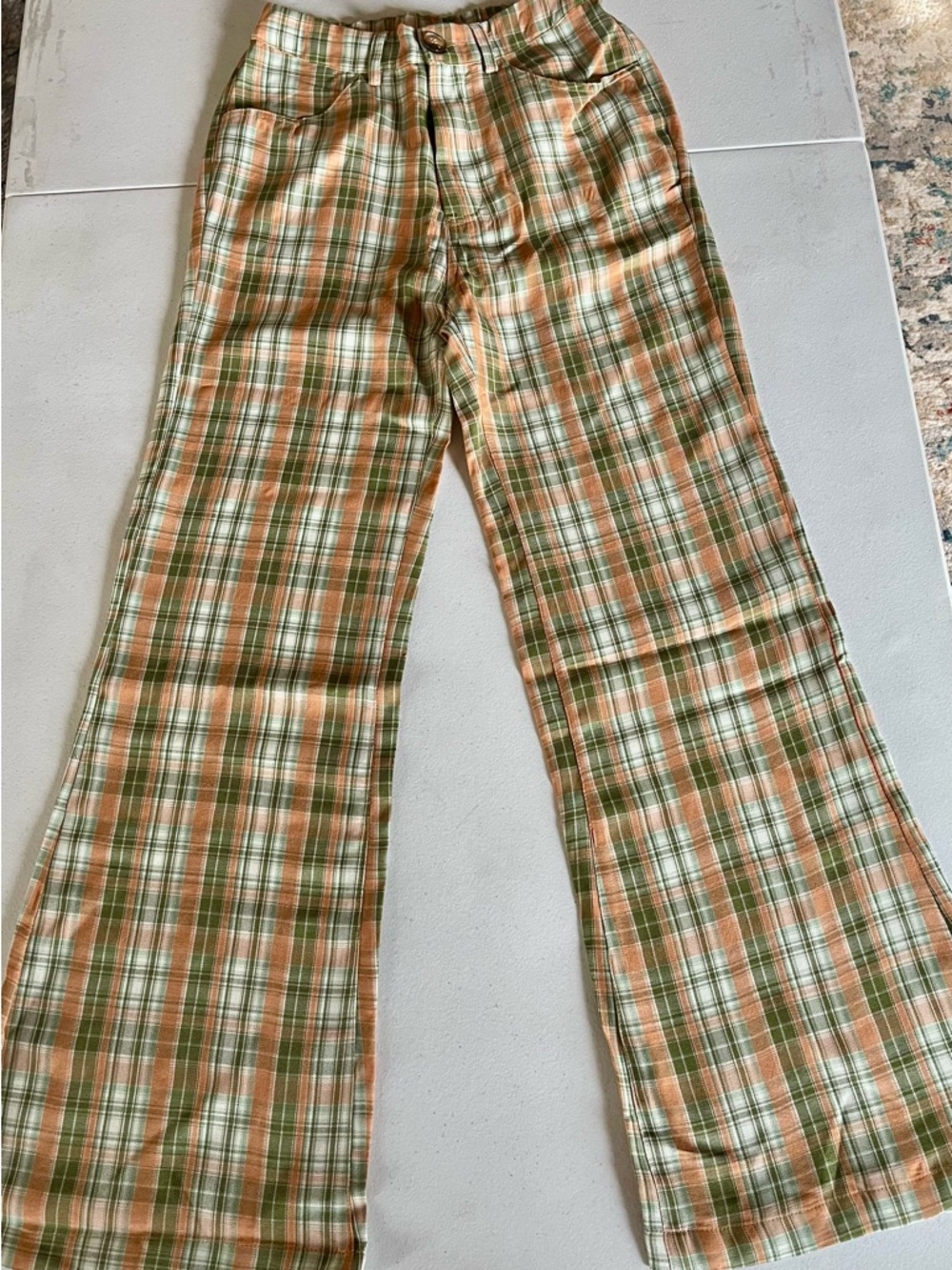 bohme Green and Orange Plaid Wide-Leg Pants